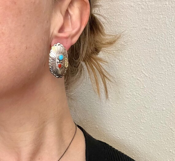 JEFF LARGO TURQUOISE, Coral and Silver Navaho Ear… - image 1