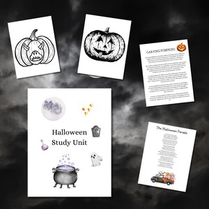 May include: A Halloween study unit printable with images of a cauldron, a ghost, a potion bottle, a moon, candy corn, and a tombstone. The text "Halloween Study Unit" is printed on the page.