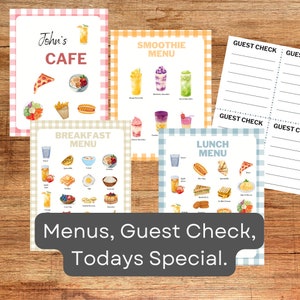 Menú de juego dramático Registro de invitados Juguetes Cafetería Almuerzo Desayuno Batidos Menús Menú de restaurante Juegos para niños pequeños Actividad escolar Jardín de infantes