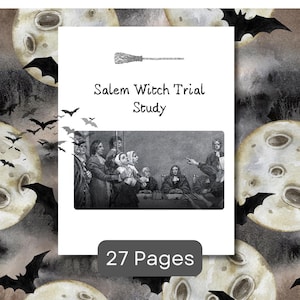 May include: A black and white illustration of a courtroom scene with people sitting at a table. The text "Salem Witch Trial Study" and "27 Pages" is printed on the page. The background is a dark grey with a pattern of bats and moons.