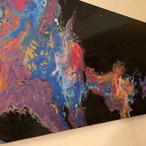 Worlds Collide: Acrylic Paint Pour on Black Canvas with Resin Finish