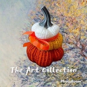 May include: A decorative, layered pumpkin ornament with a black stem, white, yellow, and orange knitted sections, and an orange ribbon. The text "The Art Collection" is displayed at the bottom. The background is an abstract painting.