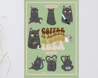 Kaffekattaffisch | Rolig kattaffisch | Kaffeaffisch | Kaffekonst | Kattkonst | Kaffeälskarepresent | Kattälskarepresent