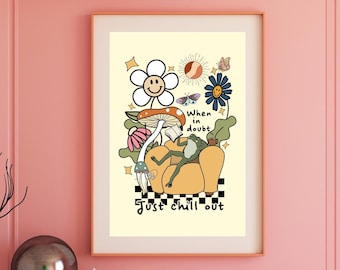Arte murale rana retrò / Poster di salute mentale felice / Stampa di funghi alla moda / Stampa di cura di sé anni '70 alla moda / Decorazione murale / Citazione positiva