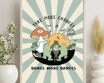 Arte murale positiva con rana retrò / Poster di salute mentale felice / Stampa di funghi alla moda / Stampa di cura di sé alla moda anni '70 / Decorazione murale / Citazione positiva