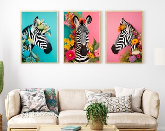 Set of 1, 2 or 3 Vibrant Zebra Animal Prints, Colorful Safari Nursery Art, Animal Wall Art, Nursery Wall Art, Zebra Prints, Zebra Wall Art