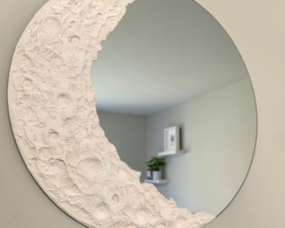 Specchio lunare, Luna crescente, Specchio rotondo, Specchio decorativo,  Arte in gesso bianco, Opera d'arte strutturata, Decorazione murale, Appeso  a parete del soggiorno -  Italia