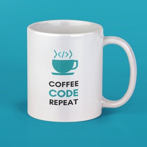 May include: White ceramic coffee mug with a teal coffee cup icon and the text "Coffee Code Repeat".