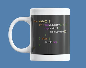 Codering koffiemok voor programmeurs, koffie vulling in code verjaardagscadeau voor software engineer, app ontwikkelaar, Kotlin code cadeau voor collega