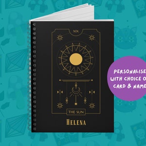 Personalised Tarot Card Journal for Readings. Customised Major Arcana A5 spiral notebook with tarot deck card and lined paper
