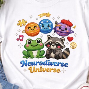 Neurodiverse Universe Embroidered Style PNG, Autism Awareness Stitch Effect Design, Kawaii Frog & Raccoon Patch Sublimation Download