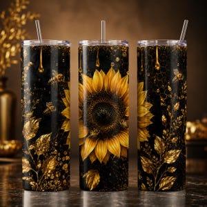 Peut inclure: Trois gobelets cylindriques avec des pailles transparentes, présentant un fond noir avec des illustrations de tournesols dorés, des motifs d'abeilles et des accents de miel qui coule. Le design inclut des feuilles dorées et une texture alvéolée.