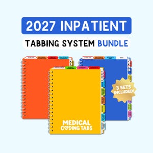 May include: A 2027 Inpatient Tabbing System Bundle featuring three spiral-bound notebooks in orange, yellow, and blue. The yellow notebook is labeled Medical Coding Tabs. Each notebook includes colorful index tabs and a 3 Sets Included sticker.