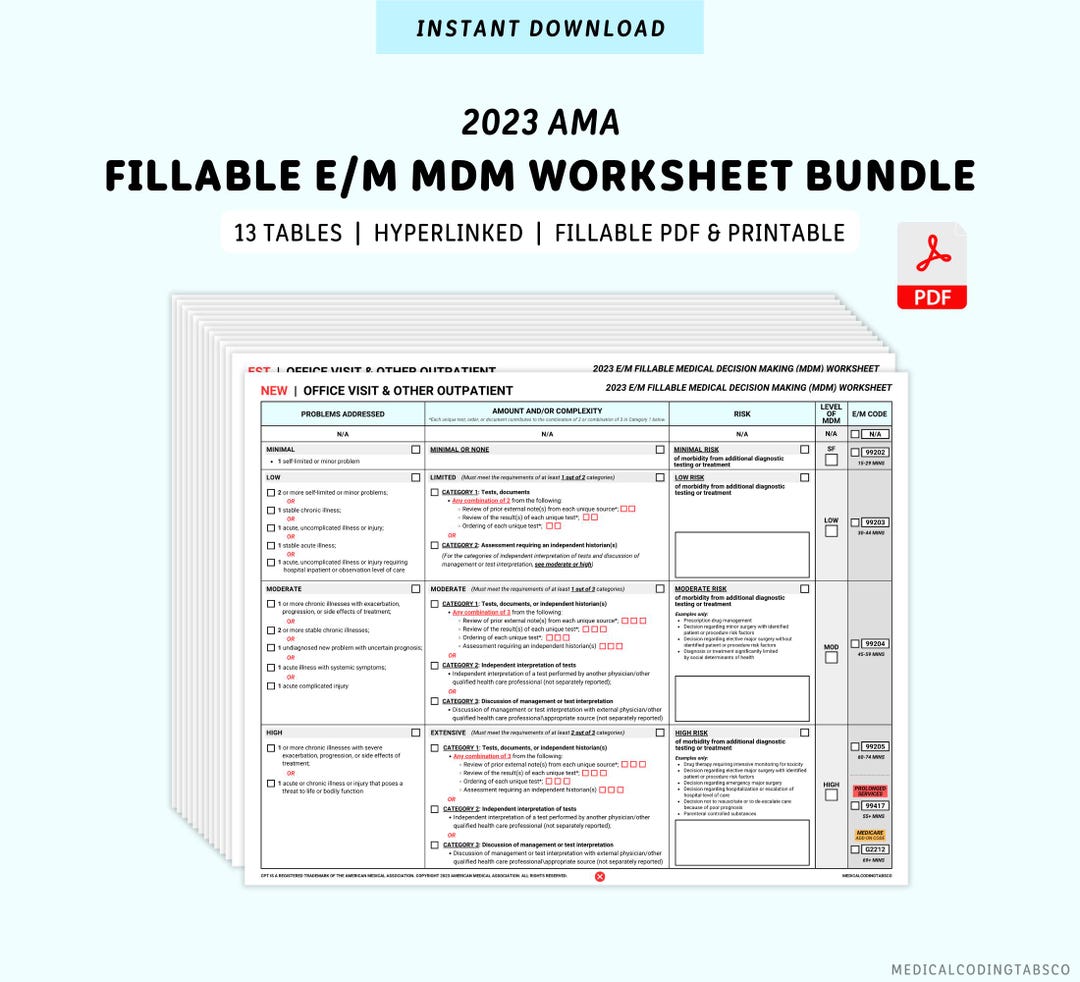Fillable E/M MDM Worksheet Bundle | Medical Decision Making | CPT ...