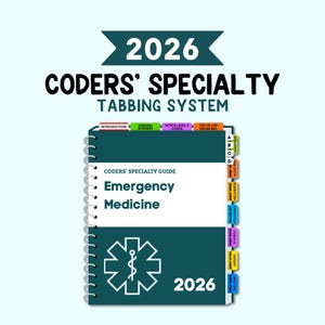 May include: A spiral-bound medical coding guide for 2026, titled "CODERS' SPECIALTY TABBING SYSTEM." The cover is teal with the words "Emergency Medicine" and a medical symbol. The guide has color-coded tabs for easy reference.