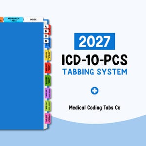 May include: A blue 2027 ICD-10-PCS tabbing system for medical coding. The set includes a blue binder with multi-colored index tabs labeled with letters and medical categories like Approach Table, Index, Heart and Vessels, and Lymphatic and Hemic.