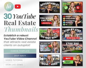 Real Estate YouTube Thumbnail Canva Template for Realtors | 30 Editable Video Thumbnail Design for Real Estate Marketing DN