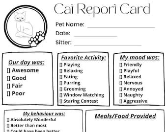Cat Report Card, Pet care, Pet Sitter, Cat Sitter, Pet Care Form