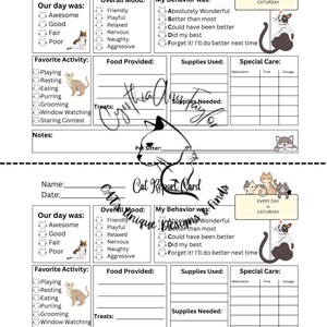 May include: A printable cat report card with sections for recording the cat's overall mood, behavior, favorite activity, food provided, supplies used, supplies needed, and special care. The report card features a cartoon cat illustration and the text "EVERY DAY IS CATURDAY".