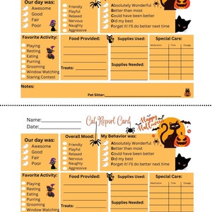 May include: A Halloween-themed cat report card, featuring a black cat, pumpkin, and the words "Happy Halloween". The printable card has sections for mood, behaviour, and activities, with space for notes and pet sitter details.
