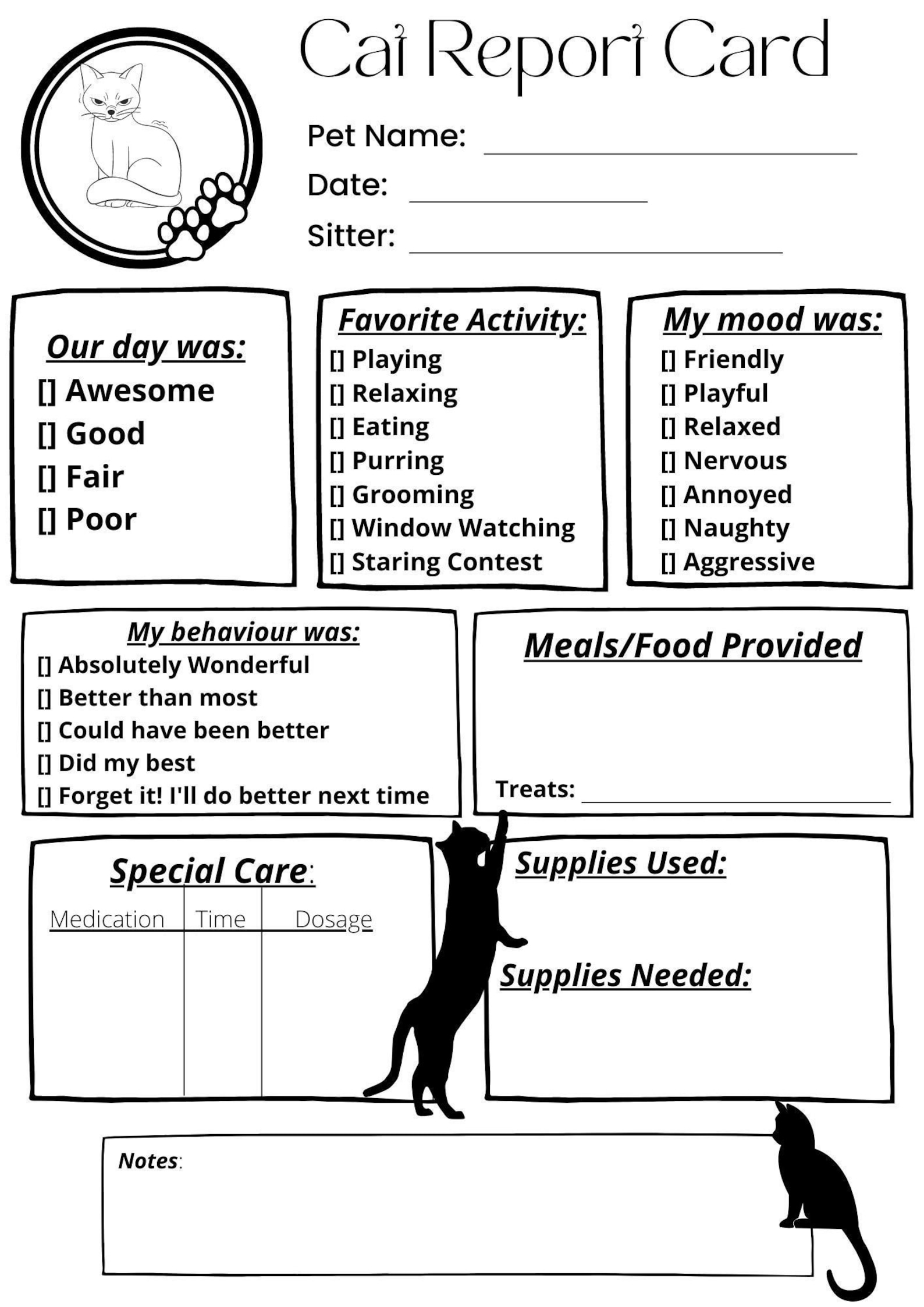 Cat Report Card, Pet Care, Pet Sitter, Cat Sitter, Pet Care Form Etsy