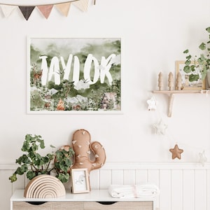Nursery decor woodland Name, mountain wall art, tree nursery decor, adventure theme nursery, forest, sage green, beige, woodland animals
