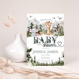 Safari Baby Shower Invitation. Jungle Sweet Baby Boy Invite. Wild Animals Greenery Printable Template. Instant Download