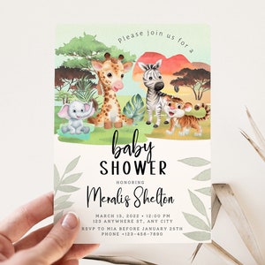 Paquete editable de invitación de Safari Animal Baby Shower, Wild One Set de género neutro, Jungle Baby Shower, Zoo Animal Baby Shower,