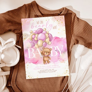 We Can Bearly Wait Baby Shower Invitation | Teddy Bear Hot Air Balloon Bear | Girl Bear Invite | Bearly sweet | Editable Template