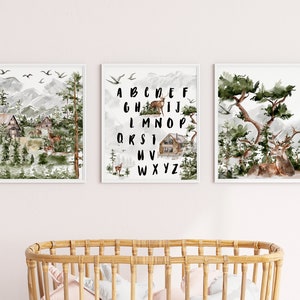 Nursery décor woodland , mountain wall art, tree nursery décor, adventure theme nursery, forest, sage green, beige, woodland animals