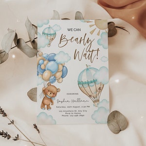 Bear Balloons Baby Shower Invitation Template, We Can Bearly Wait
