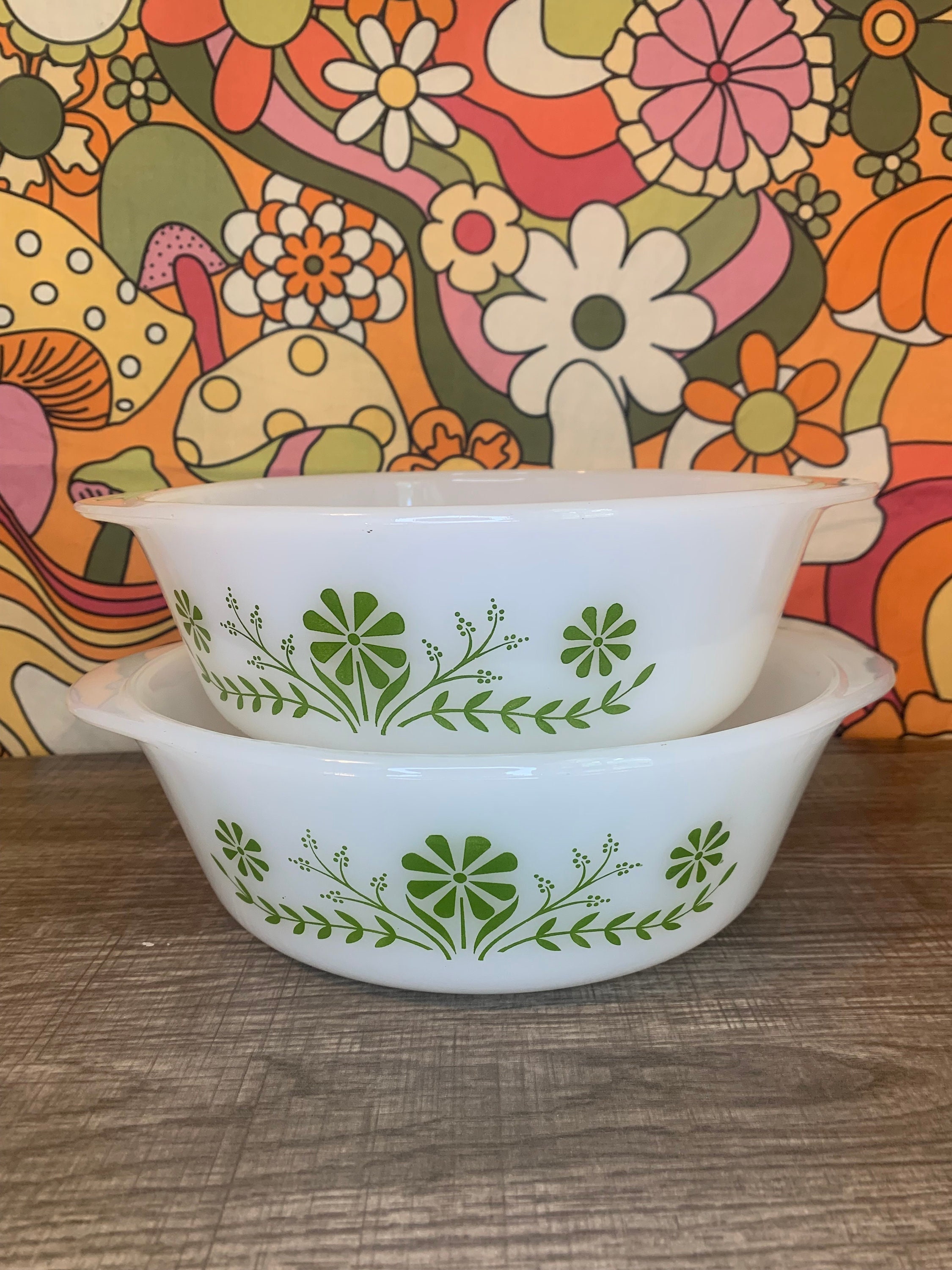 Set of Vintage Glasbake Green Daisy Floral Milk Glass Etsy