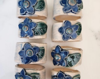 Ceramic Handmade Set of Napkin Rings Holder Hand Carved Original Artisan Blue Flowers