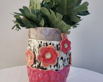 Pink & Purple Patchwork Collage Floral Decorative Handmade Ceramic Vase