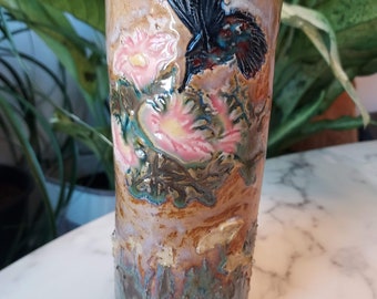 Handmade Artisan Ceramic Hummingbird Slab Original Pottery Vase