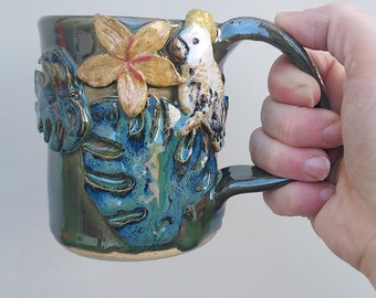 Tropical Bird Monstera plant Mug Cockatoo Handmade ceramic