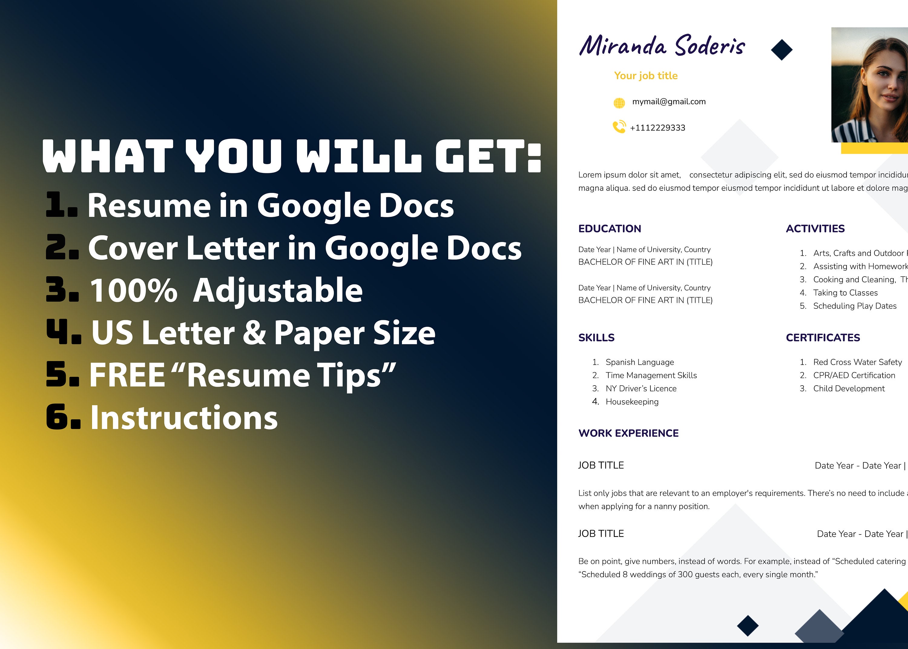 Nanny Resume Template and Cover Letter for Google Docs, Customizable ...
