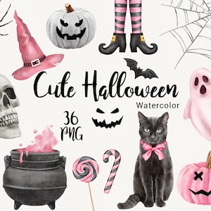 Happy Halloween Clipart, Aquarelle Mignon rose Halloween, citrouille Chat Chapeau de sorcière, Automne automne clipart, Invitation à la fête, Téléchargement instantané PNG