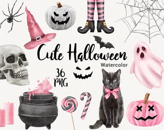 Happy Halloween Clipart, Watercolor Cute pink Halloween, pumpkin Cat Witch hat, Fall autumn clip art, Party invitation, Instant Download PNG