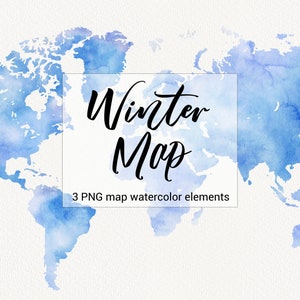 Aquarel wereldkaart clipart, reizen, winter blauwe wereldkaart, continenten illustraties, bruiloft uitnodiging, instant download, commercieel gebruik, PNG