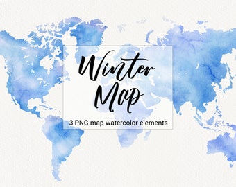 Imágenes prediseñadas del mapa del mundo de la acuarela, viajes, mapa del mundo azul de invierno, clip art de continentes, invitación de boda, descarga instantánea, uso comercial, PNG