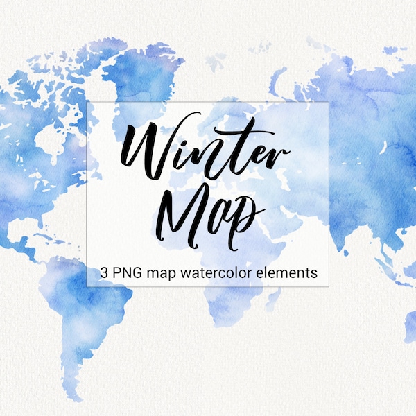 Watercolor World Map Clipart, Travel, Winter Blue World Map, Continents clip art, Wedding invitation, instant download, Commercial Use, PNG