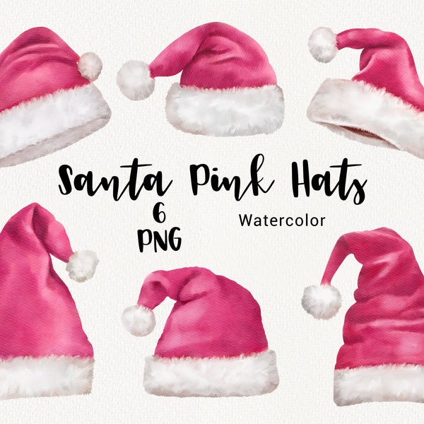 Santa Pink Hats clipart, Watercolor Christmas clipart, Winter Holiday Cute Decor, Scrapbooking and card making set, Commercial use PNG
