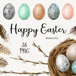 Acuarela Clipart de Pascua, Imágenes prediseñadas de huevos de vacaciones de primavera pintados a mano, Huevo de pájaro, Feliz Pascua, álbum de recortes, juego de creación de tarjetas, imprimible, PNG