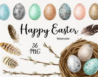 Watercolor Easter Clipart, Hand painted spring Holiday eggs clip art,  Bird Egg, Happy Easter, scrapbook, card making set, Printable, PNG