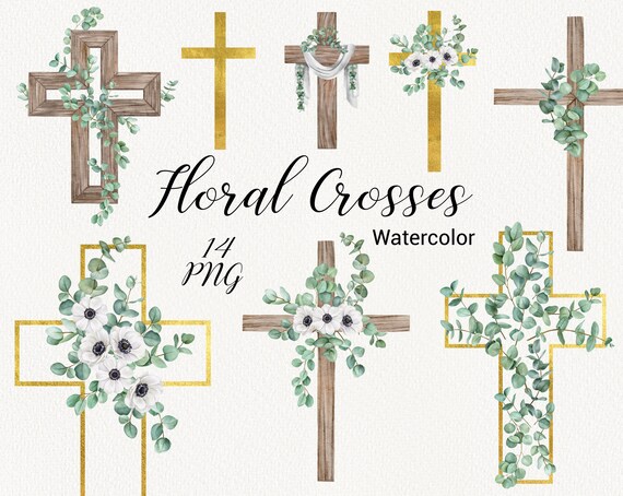 Watercolor Cross Clipart, Easter Eucalyptus crosses clip art, Spring floral baptism, Holy Spirit, First Communion,digital card making PNG
