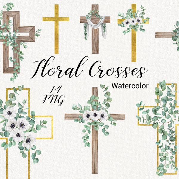 Watercolor Cross Clipart, Easter Eucalyptus crosses clip art, Spring floral baptism, Holy Spirit, First Communion,digital card making PNG