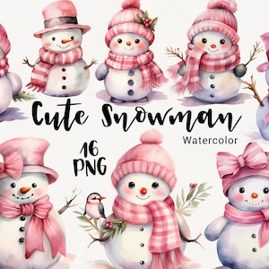 Süße Schneemann Clipart, Aquarell Weihnachten Rosa, gemütliche Winterferien, Kinderspiele, Kartenherstellung, Planer Scrapbooking, Sofort Download PNG
