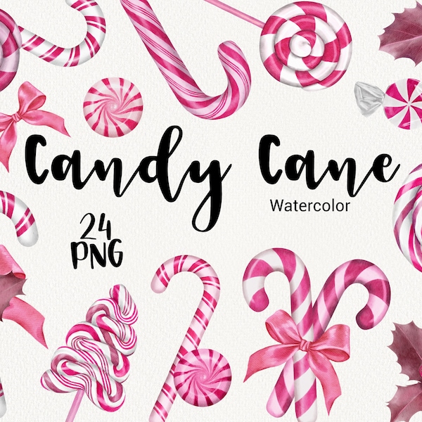 Watercolor Candy Cane Clipart, Cute Christmas clip art, Pink Sweets, Winter Holiday clipart, planner, scrapbooking, Instant Download PNG
