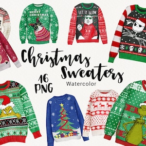 Maglione di Natale clipart, Acquerello Vestiti invernali, Bruzzo, Grinch, Carino Holly Felpe, Planner, Scrapbooking, Download istantaneo PNG